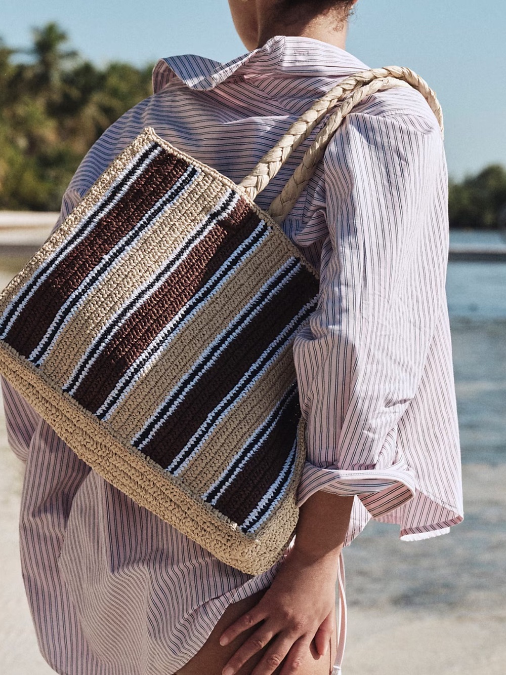 NWT: J. Crew Striped Woven Tote in Beige, Brown and Black - Picture 5 of 9